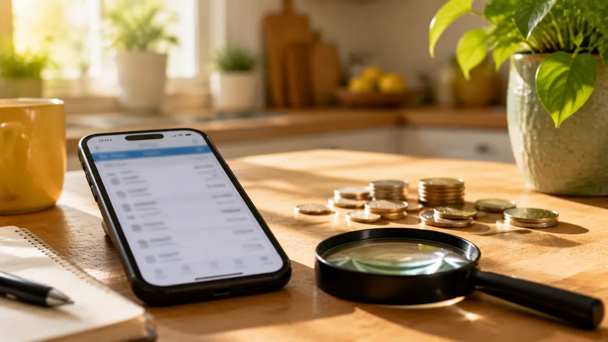 Pessoa surpresa olhando extrato do cartão no celular na mesa da cozinha