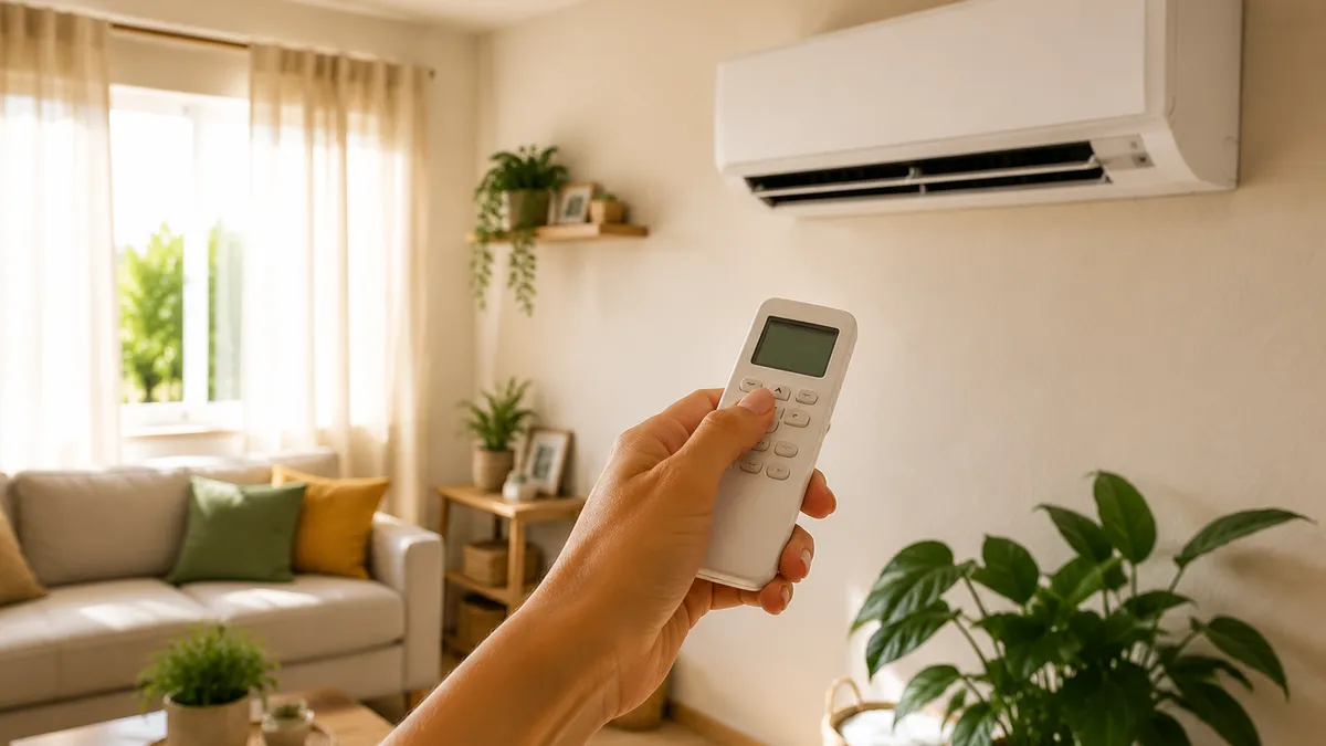 Mano ajustando el control remoto del aire acondicionado en una sala luminosa