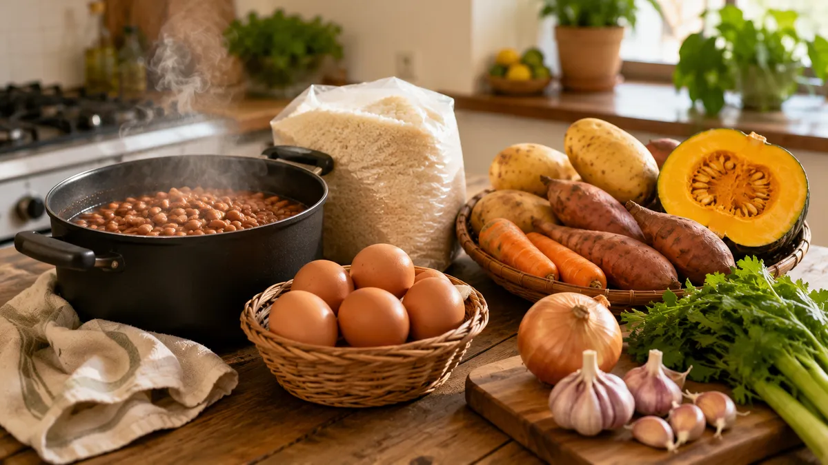 Panela de feijão, ovos, arroz e legumes básicos dispostos sobre mesa de cozinha simples
