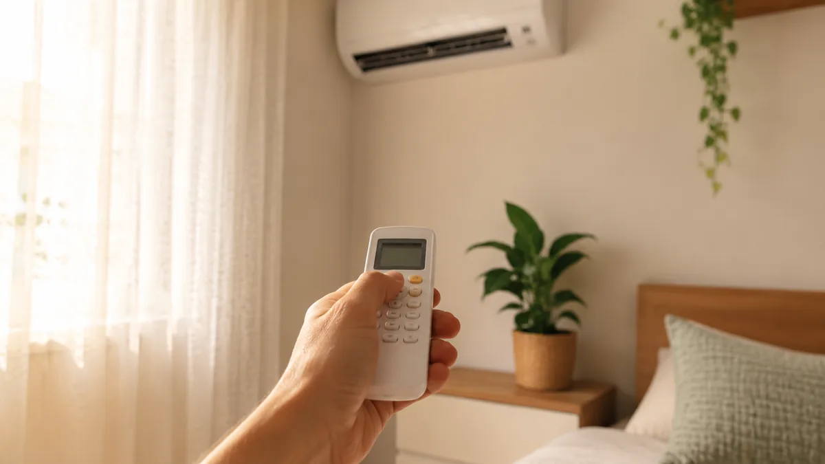 Controle remoto de ar-condicionado apontado para aparelho split instalado em parede de quarto