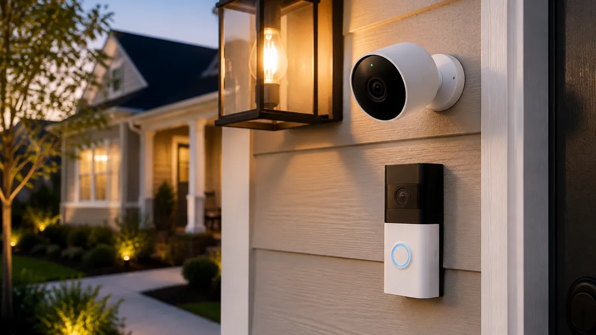 Smart security camera mounted at a home entrance with a doorbell and warm porch light