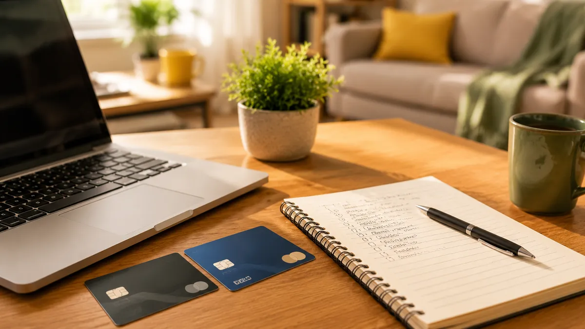 Person moving a credit card balance using a laptop with a payoff plan written in a notebook