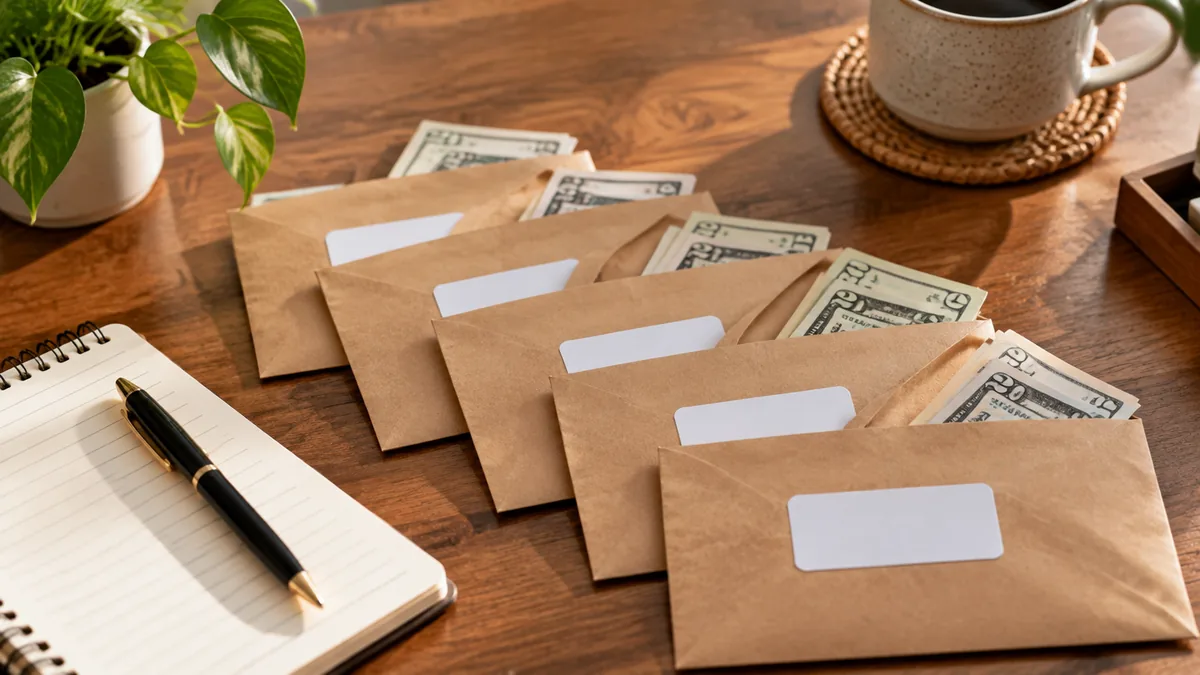 Envelopes de papel com etiquetas em branco e dinheiro sobre a mesa
