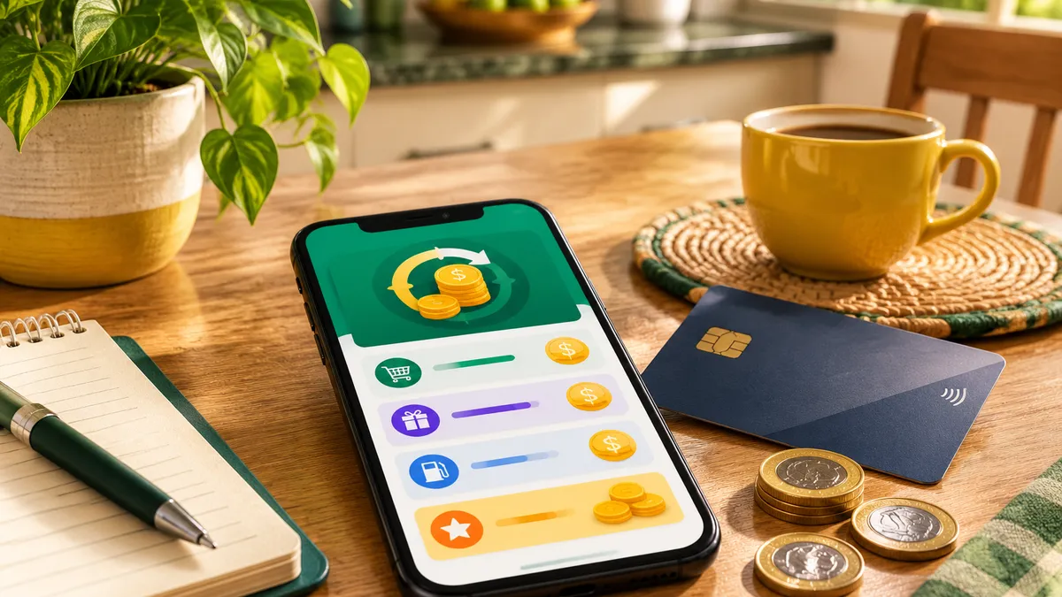 Celular exibindo aplicativo de cashback ao lado de cartão e moedas sobre a mesa