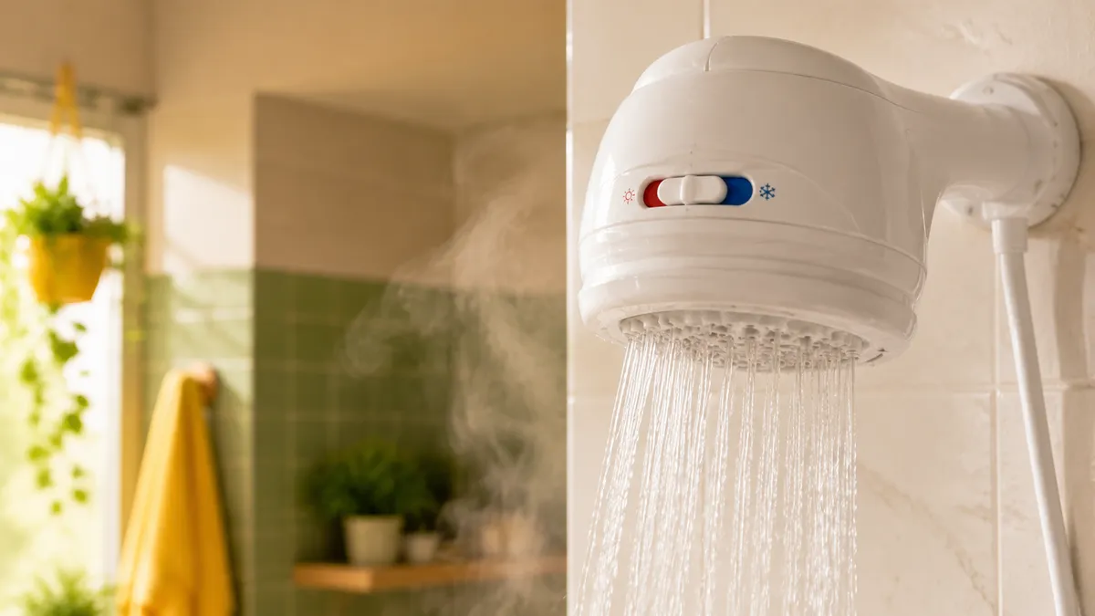 Ducha eléctrica con la llave de temperatura en primer plano y vapor suave en el baño
