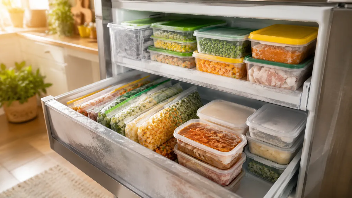 Potes e sacos de congelamento etiquetados com refeições porcionadas organizados no freezer