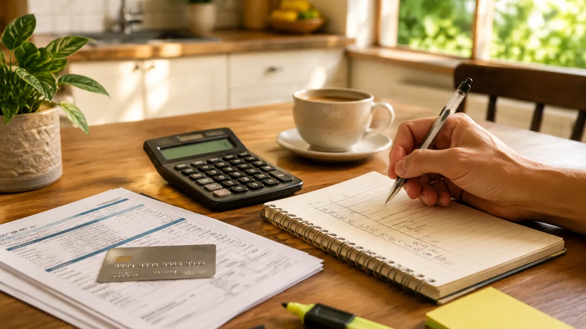 Fatura de cartão de crédito sobre a mesa com calculadora e caneta destacando o valor mínimo