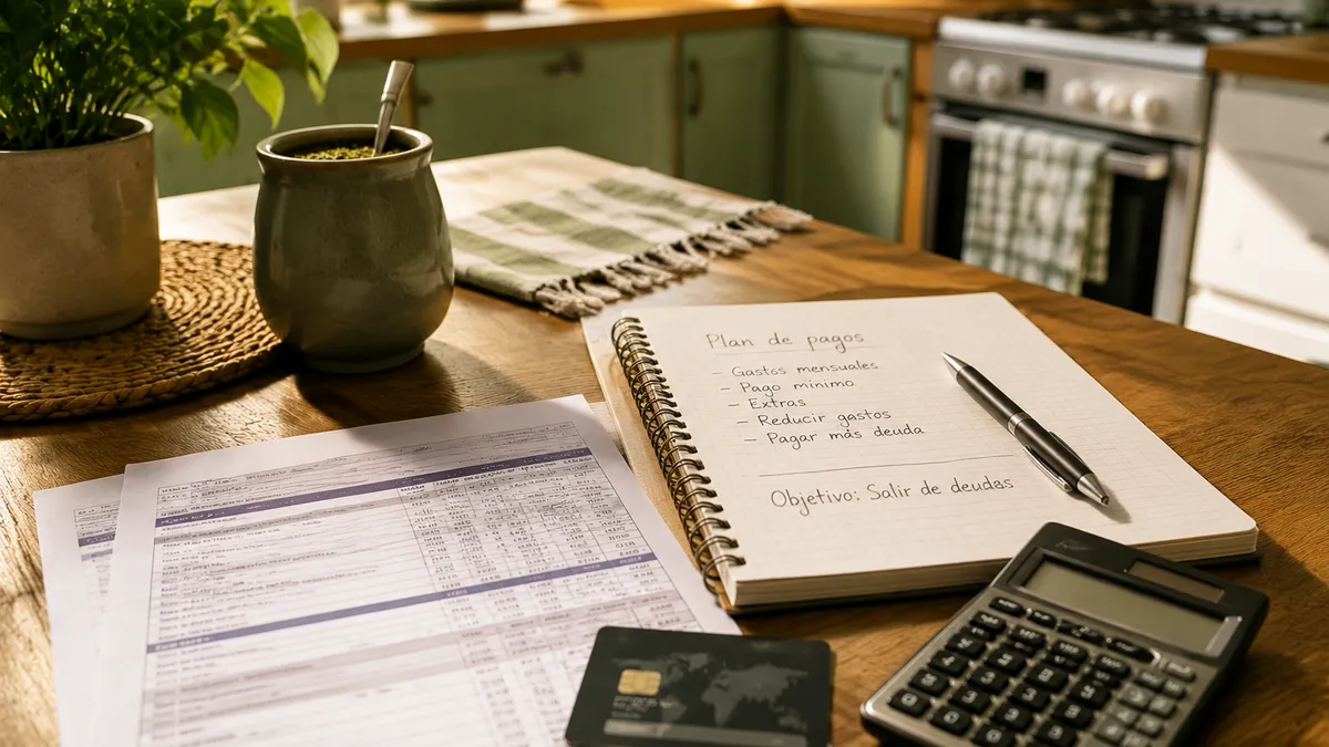 Resumen de tarjeta de crédito sobre la mesa con calculadora y plan de pago escrito en un cuaderno