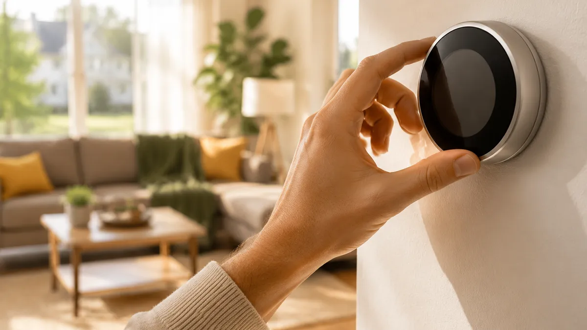 Hand adjusting a smart thermostat on a wall in a bright, comfortable living room