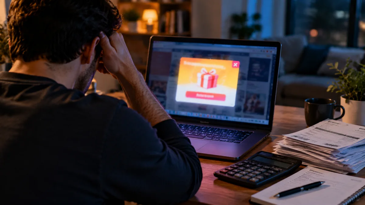 Worried man at a laptop showing a flashy offer next to a pile of bills