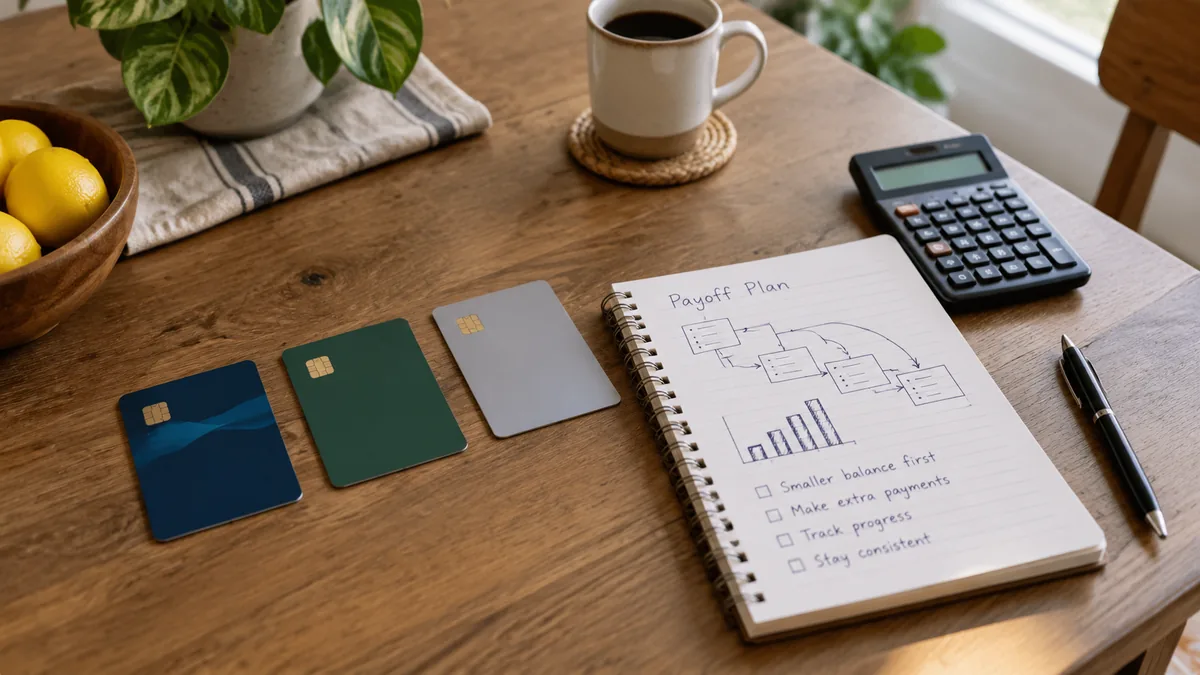 Notebook with a debt payoff plan next to a calculator and credit cards