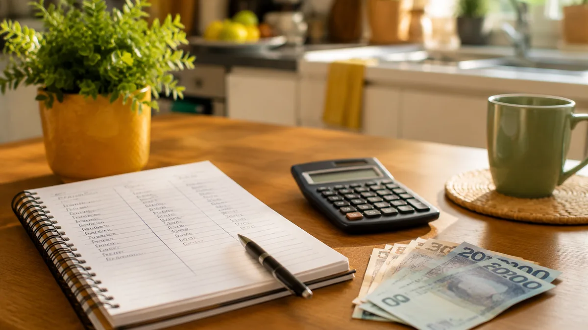 Caderno de planejamento aberto com calculadora e notas de dinheiro sobre mesa de cozinha
