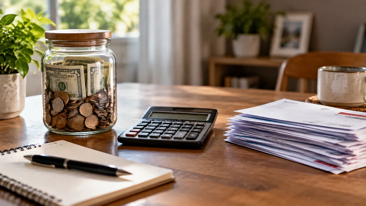 Savings jar with coins and bills next to a calculator and a stack of statements