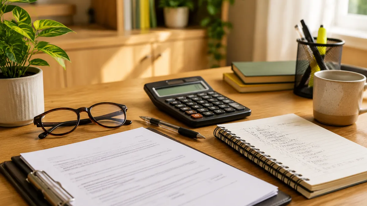 Pessoa analisando contrato de empréstimo com calculadora e caderno de anotações na mesa