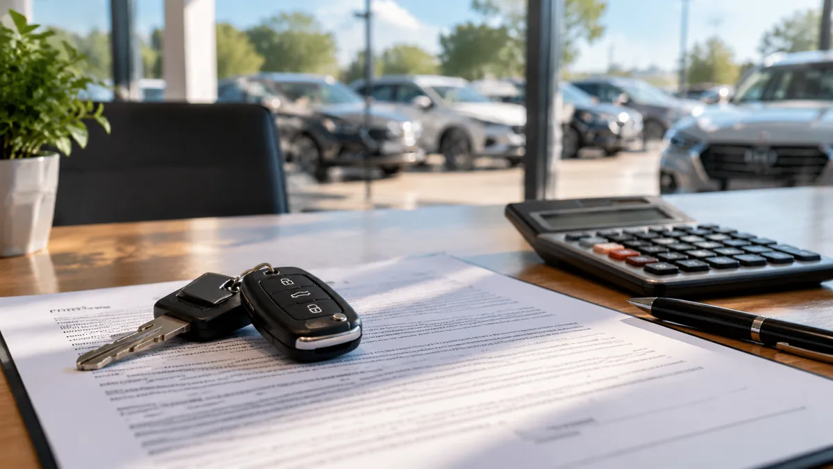 Llaves de coche sobre un contrato de financiación en un concesionario
