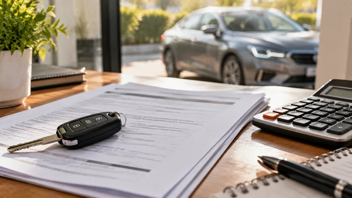 Car keys and an insurance policy on a table next to a calculator