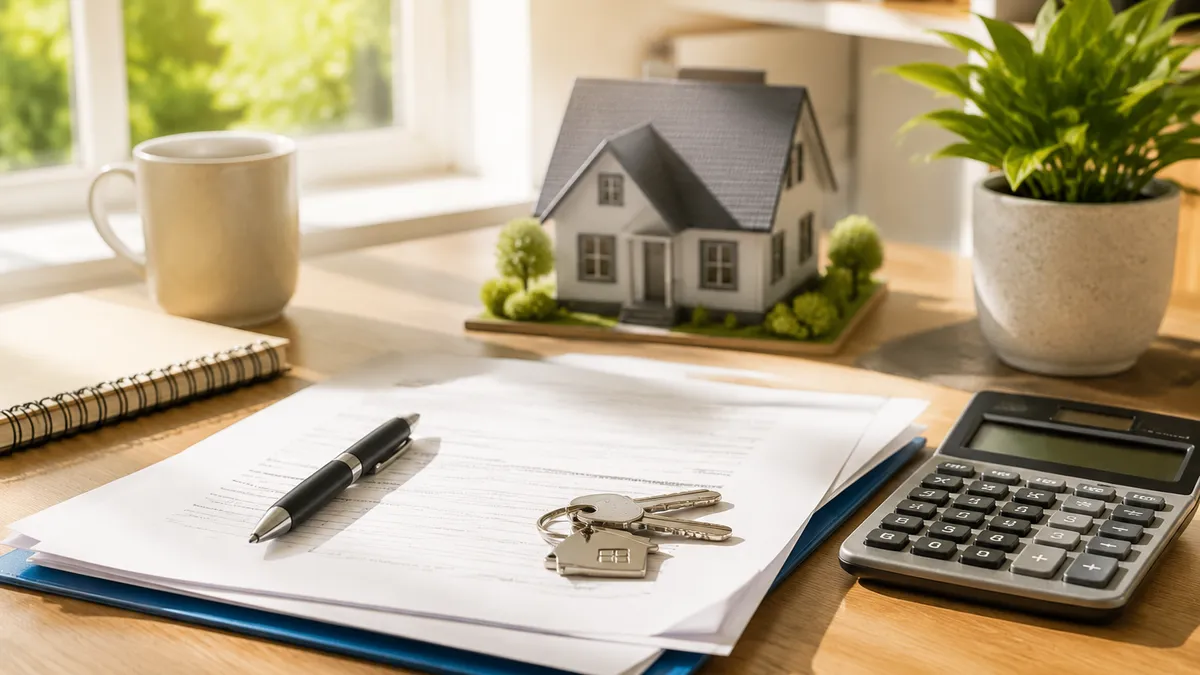 Homeowner reviewing an insurance policy document at a desk with a calculator and house keys