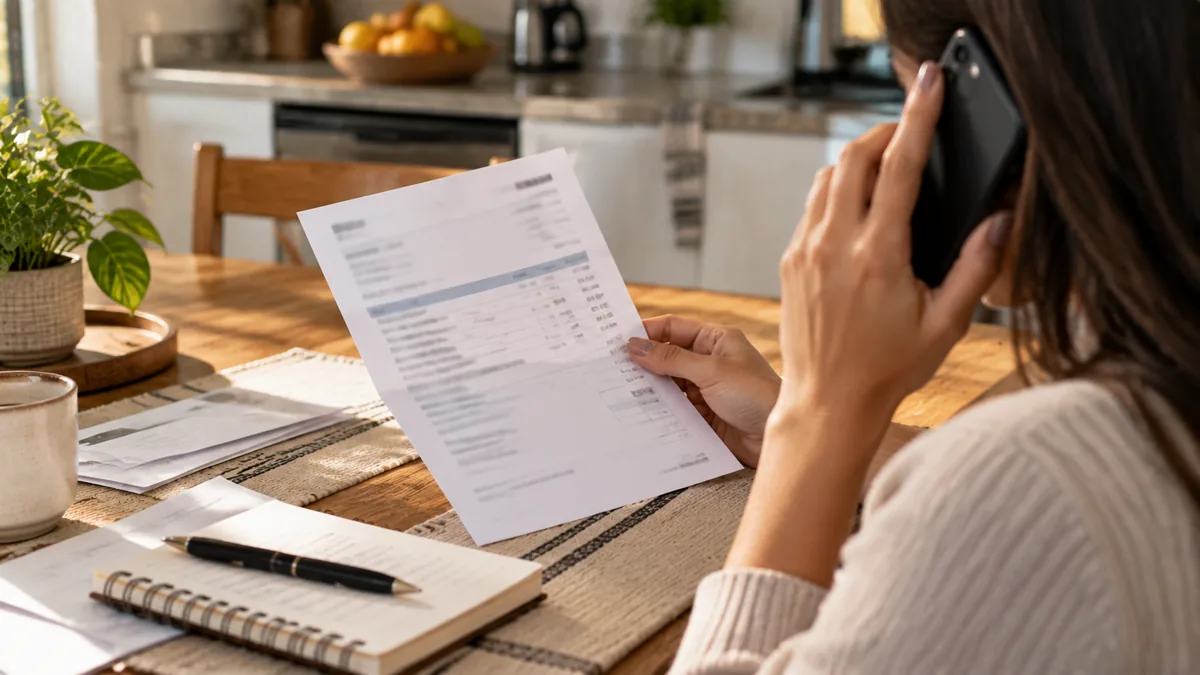 Person reviewing a hospital bill with a phone and notepad
