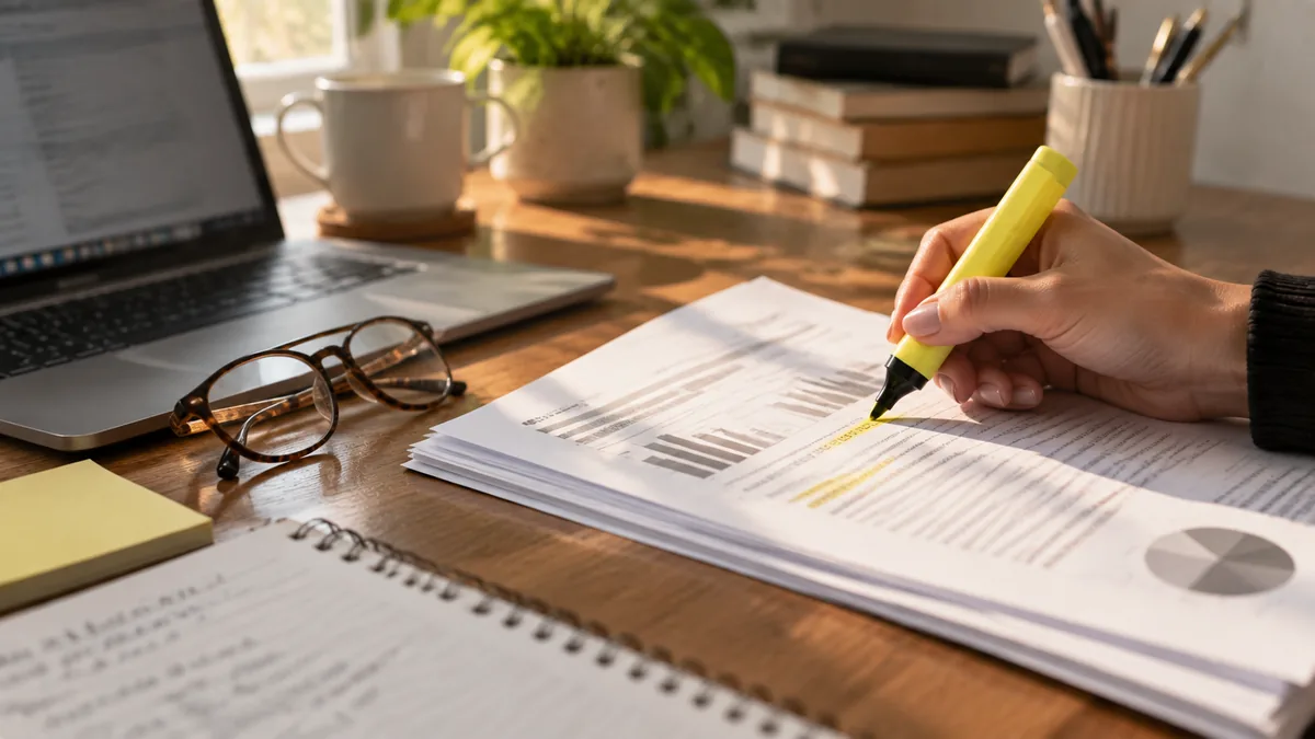 Person reviewing a printed credit report with a highlighter