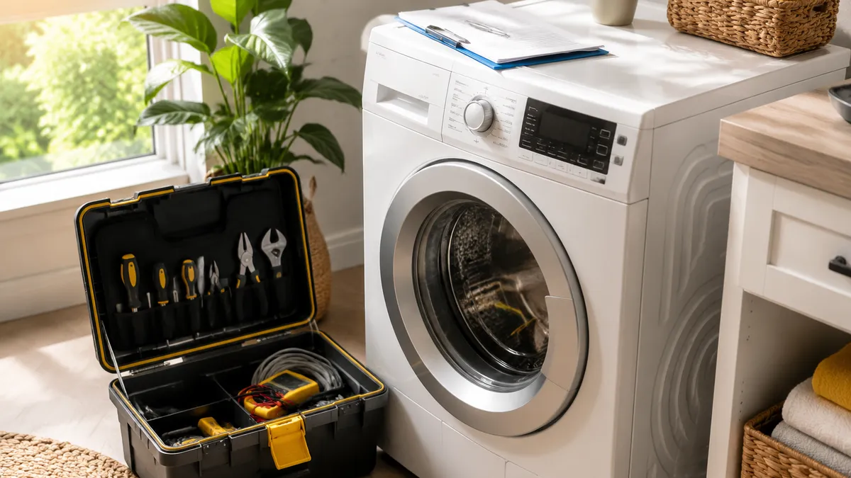 Technician repairing a home appliance while homeowner reviews a service contract