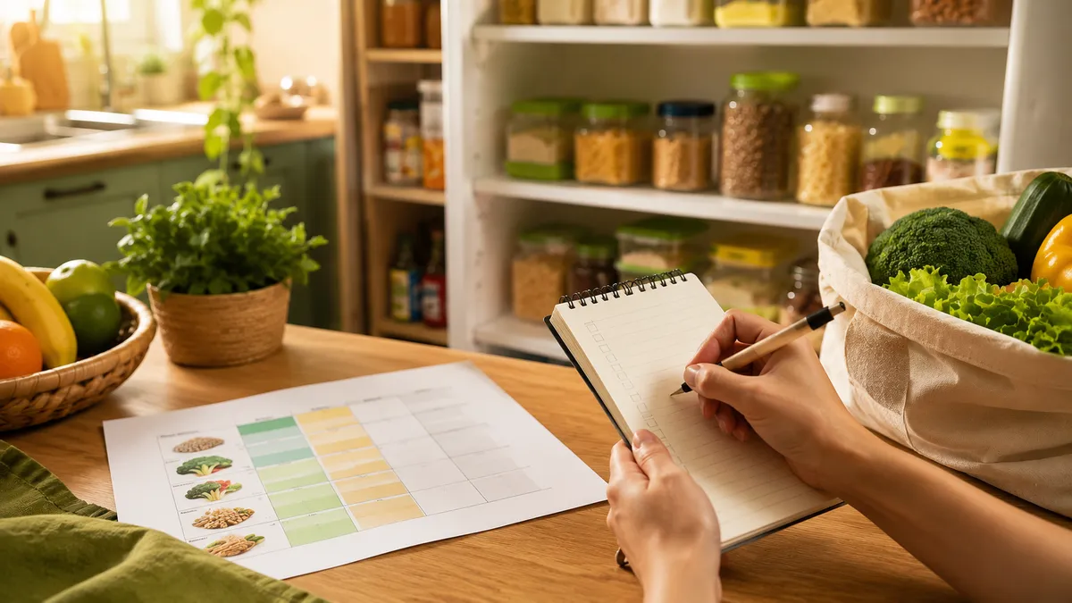 Mão escrevendo lista de compras em bloco sobre mesa com cardápio semanal e despensa ao fundo