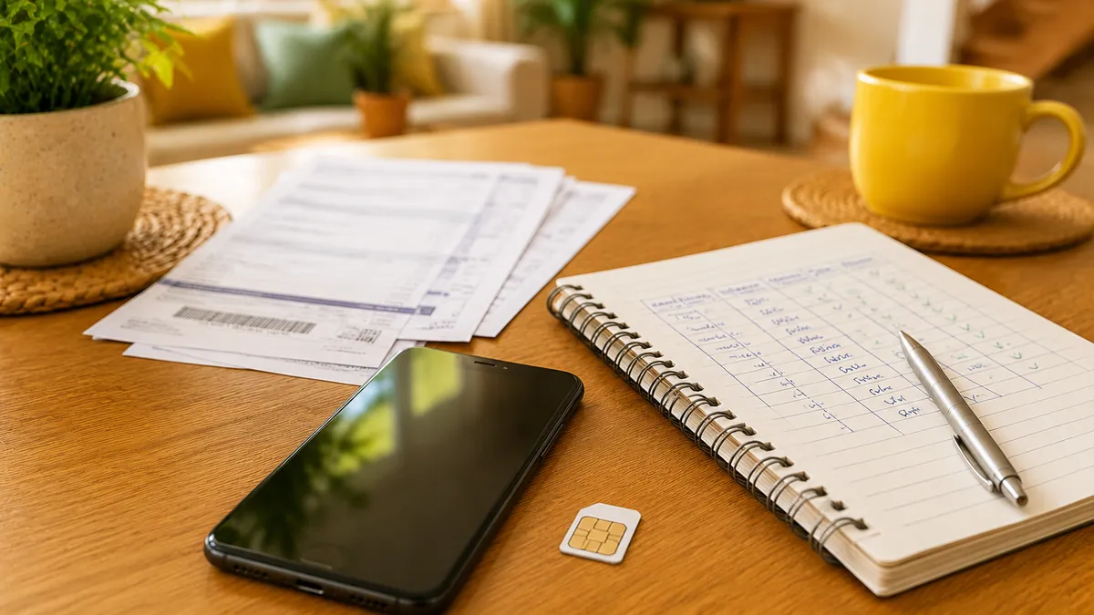Celular con chip y facturas de telefonía sobre una mesa con cuaderno de comparación