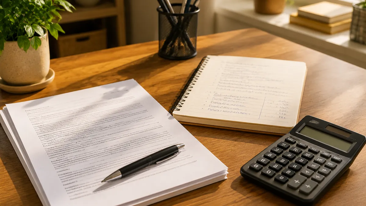 Persona analizando un contrato de préstamo con calculadora y cuaderno de notas en la mesa