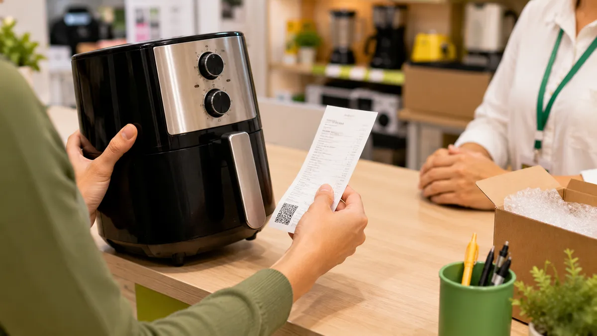 Consumidor no balcão de assistência técnica entregando eletrônico com nota fiscal na mão