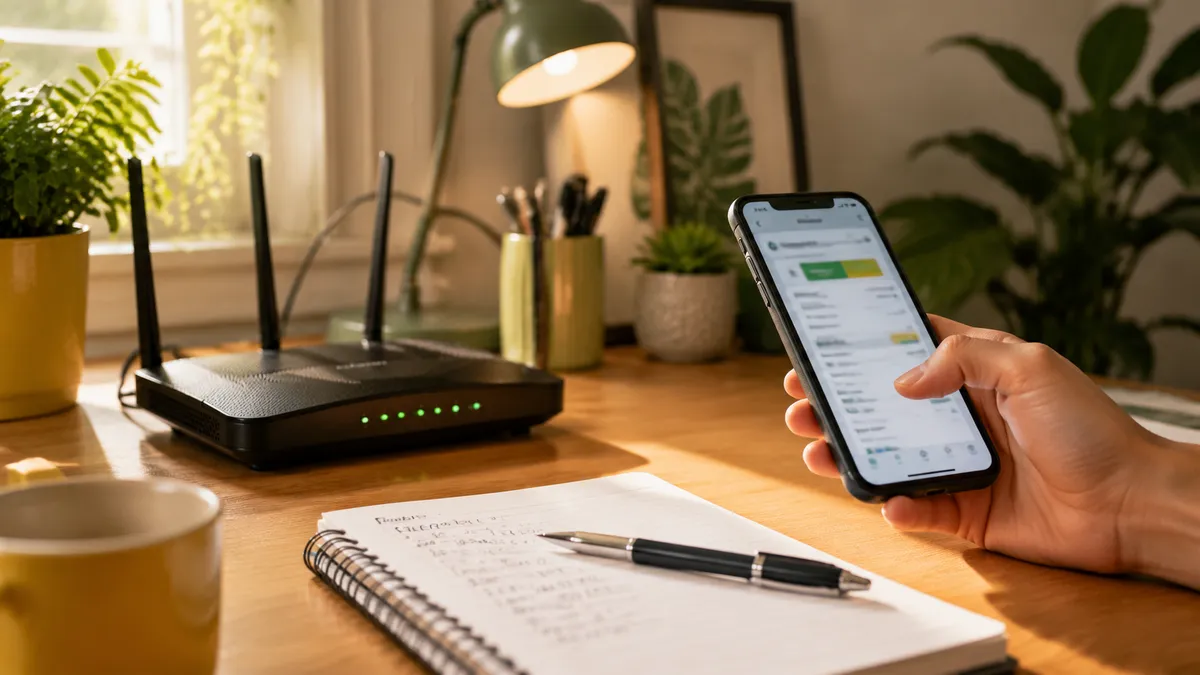 Persona al teléfono anotando precios de planes en un cuaderno con un router al lado