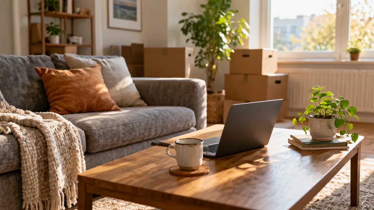 Rented living room with a sofa, moving boxes and a laptop on the coffee table