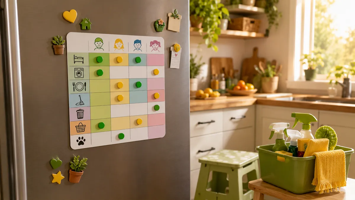 Família diante de quadro de tarefas semanal colado na geladeira com ímãs coloridos
