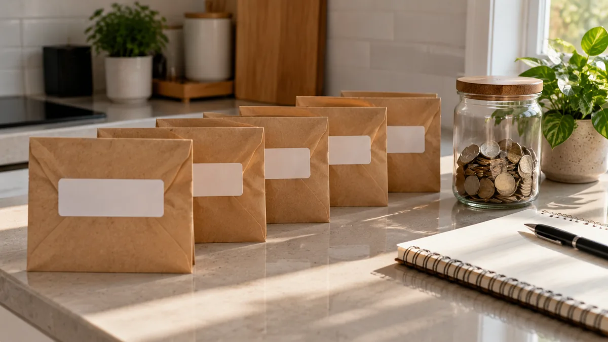 Labeled envelopes and a jar of coins on a kitchen table