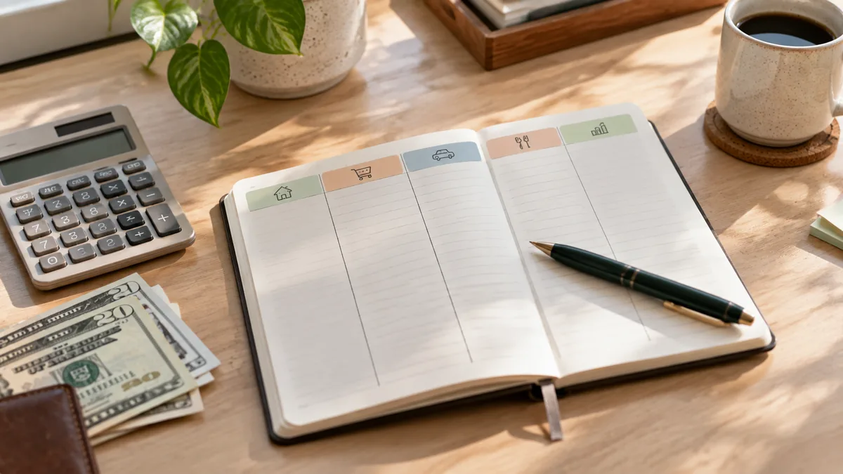 Budget notebook with categories and a pen on a desk