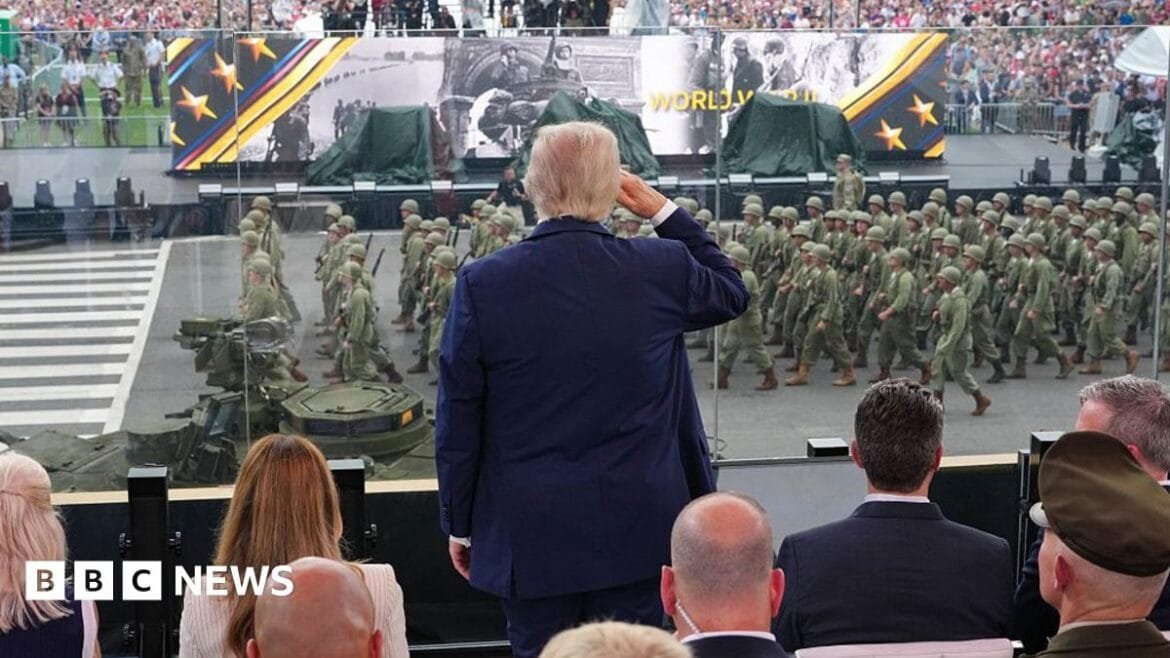 Trump addresses huge military parade as protesters rally across US against his presidency